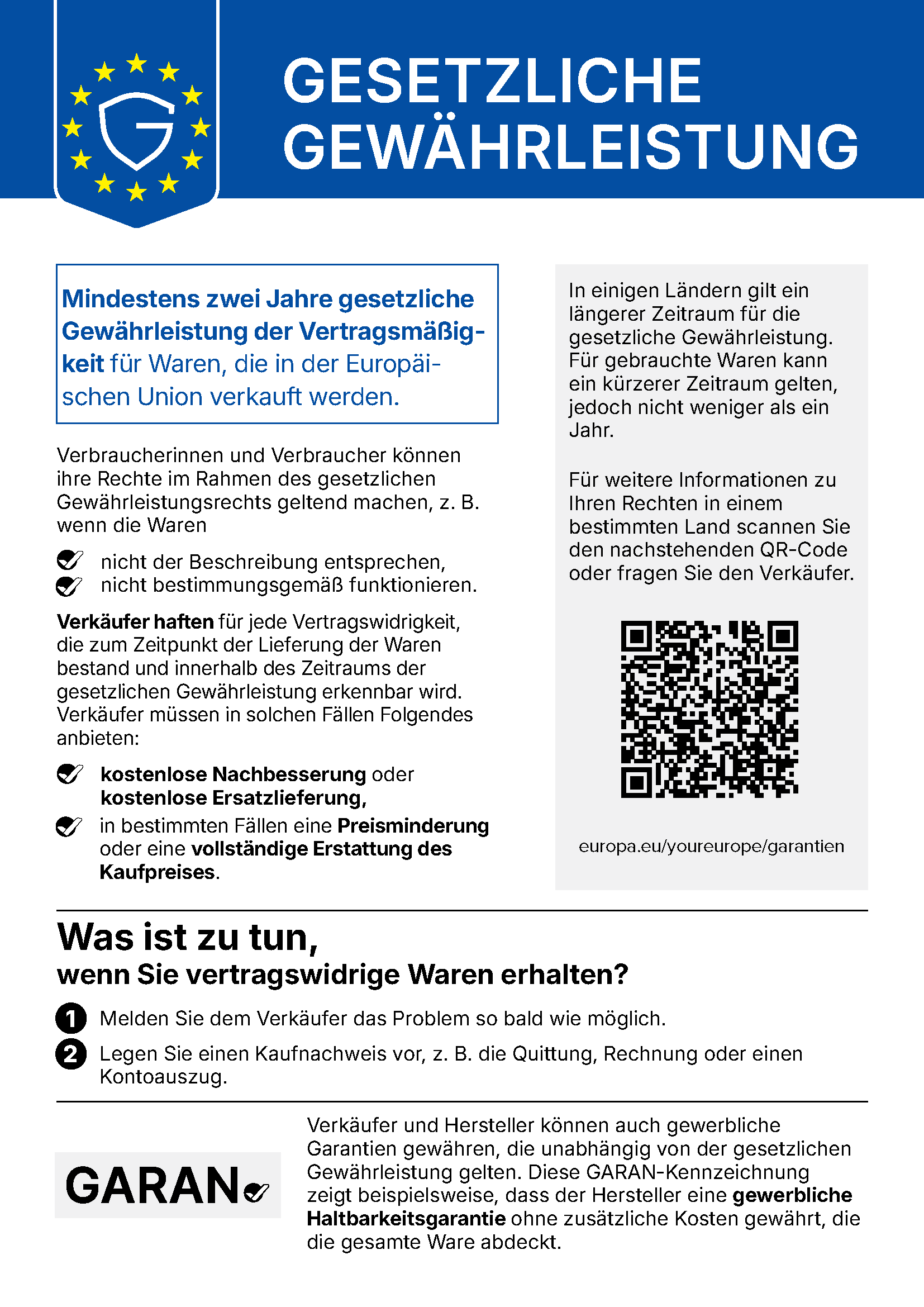 Offizieller EU-Hinweis zum gesetzlichen Gewährleistungsrecht. Eine vollständige Textfassung folgt direkt unter dem Bild.